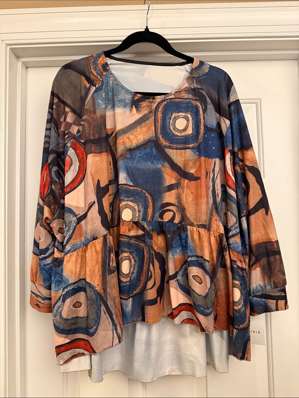 Abstract Artistic Peplum Tunic in Blue and Tan